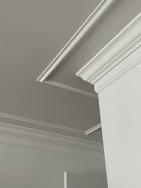 Ceiling Panel Moulding, Quarter Round Molding Ceiling, Modern Ceiling Moulding Design, Molded Ceiling Design, Ceiling Soffit Ideas, Cornice Moulding Design, Tall Crown Molding, Trim On Ceiling Ideas, Ceiling Trim Detail