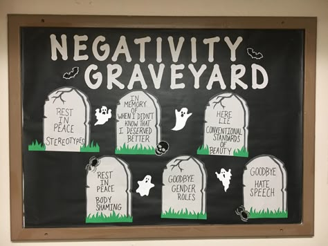 An October RA bulletin board! Graveyard Bulletin Board, School Counselor Classroom, Resident Assistant Door Decs, Staff Bulletin Boards, Dorm Bulletin Boards, Res Life Bulletin Boards, Toddlers Hairstyles, Ra Bulletin Board Ideas, Middle School Bulletin Boards