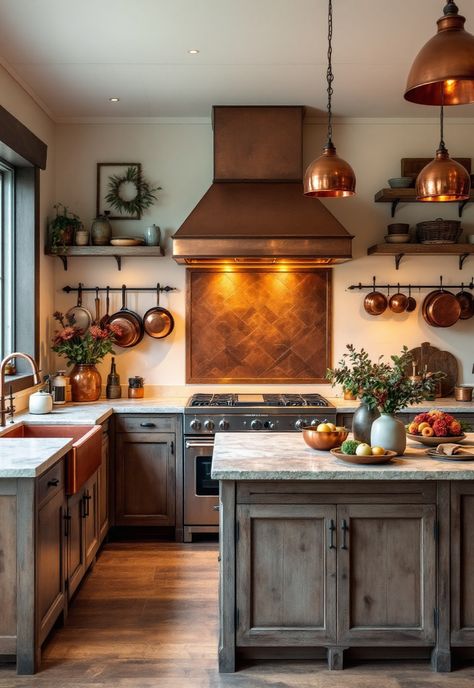 Rustic Kitchen Rustic Copper Kitchen, Copper Kitchen Fixtures, Copper Accent Kitchen, Kitchen Copper Accents, Cabin Kitchen Ideas, Modern Cabin Kitchen, Highlights Copper, Copper Kitchen Accents, Rustic Kitchen Designs