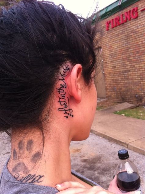 Behind Ear Quote Tattoo, Word Behind The Ear Tattoo, Behind The Ear Word Tattoo Ideas, Behind The Ear Music Tattoo, Music Notes Tattoo Behind Ear, Music Behind Ear Tattoo, Music Tattoo Behind Ear, Music Notes Behind Ear Tattoo, Music Note Tattoo Behind Ear