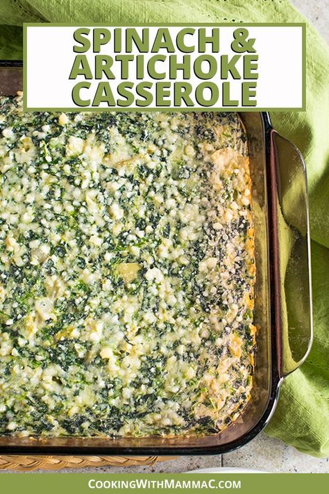 Spinach & Artichoke Casserole recipe by Cooking with Mamma C. Glass pan of casserole. Artichoke Side Dish, Spinach Artichoke Casserole, Artichoke Salad Recipes, Artichoke Casserole, Thanksgiving Vegetables, Artichoke Salad, Artichoke Recipes, Creamed Spinach, Spinach Artichoke