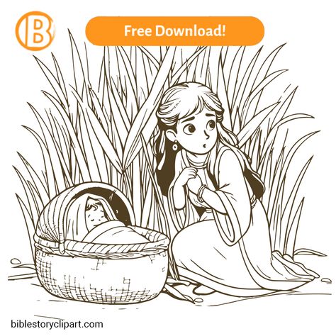 Miriam and Baby Moses Coloring Page Baby Moses Coloring Page, Moses Basket Craft, Moses Coloring Page, Bible Clipart, Sunday School Coloring Pages, The Nile River, Children's Church Crafts, Baby Moses, Church Crafts