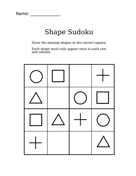 Practice math skills and shape drawing with this simple 4×4 sudoku puzzle. Download (pdf) Sudoku Printable, Preschool Poems, Shape Worksheets For Preschool, Printable Crossword Puzzles, Fun Math Worksheets, Puzzle Worksheet, Free Printable Puzzles, Logic Puzzle, Alphabet Worksheets Kindergarten