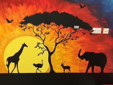 Jungle Alphabet, Sunset Mural, Tree Painting Easy, Africa Drawing, Houston Tattoos, African Tree, African Sunset, Jungle Art, Easy Canvas Art