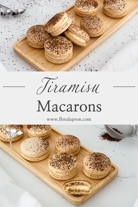 A platter of tiramisu macarons, with one angled to face the camera. One is bitten in half, showing the off-white mascarpone filling. Tiramisu Macarons Recipe, New Years Macaron Flavors, Thanksgiving Macaron Flavors, Christmas Flavors Desserts, Cream Cheese Macaron Filling, New Years Macarons, Fall Macaron Flavors, Macaroons Filling, Cereal Macarons