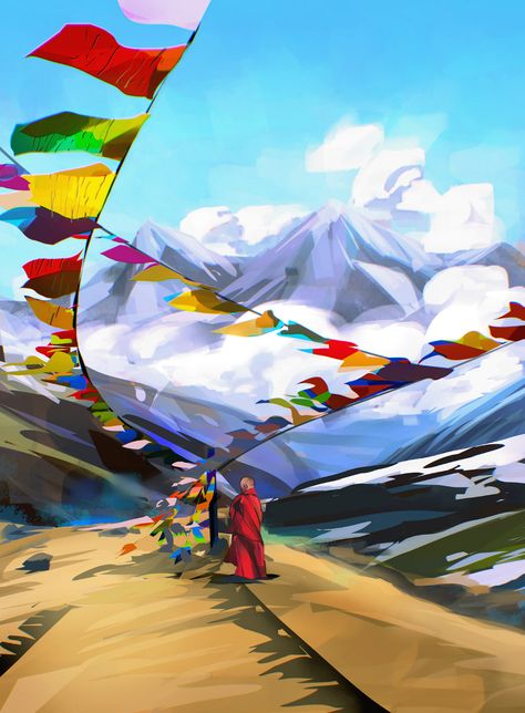 Tibet Aesthetic, Tibet Landscape, Solarpunk Art, Tibet Art, Nepal Art, Drawing Scenery, Environment Painting, Planets Wallpaper, Hinduism Art