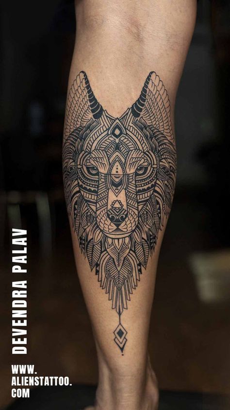 Tattoo Mandela Man, Animal Tattoos For Men Leg, Calf Tattoo Men Geometric, Tattoo For Calf For Men, Maori Wolf Tattoo, Wolf Shin Tattoo, Wolf Tattoo Design Men Leg, Tattoo For Leg Men, Best Wolf Tattoos For Men