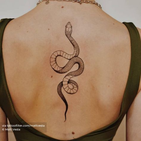 Fine line snake tattoo on the back Snake Tattoo Meaning, Back Tattoo Women Spine, Animal Tattoos For Women, Japanese Snake Tattoo, Cobra Tattoo, Snake Tattoos, Serpent Tattoo, Snake Tattoo Design, Spine Tattoos For Women