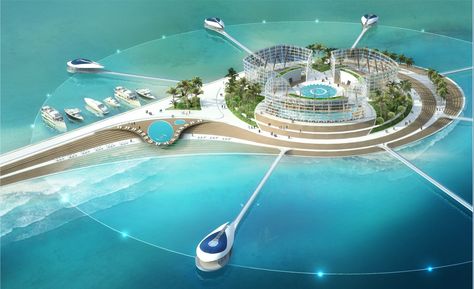 Padideh Kish Competition Winning Proposal Shirdel and Associates Architectures Vincent Callebaut, Architecture Cool, Big Swimming Pools, Water Architecture, Floating Architecture, Artificial Island, Futuristic Building, Future Buildings, Floating Island