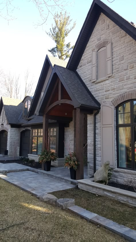 Brick Home Design, Cobblestone House Exterior, Cedar Gables On House Exterior, Brick Stone House Exterior, Rock Exterior Homes, Brick And Stone House Exterior, Modern Rustic Home Exterior, Modern Traditional Exterior, Gables On House Exterior