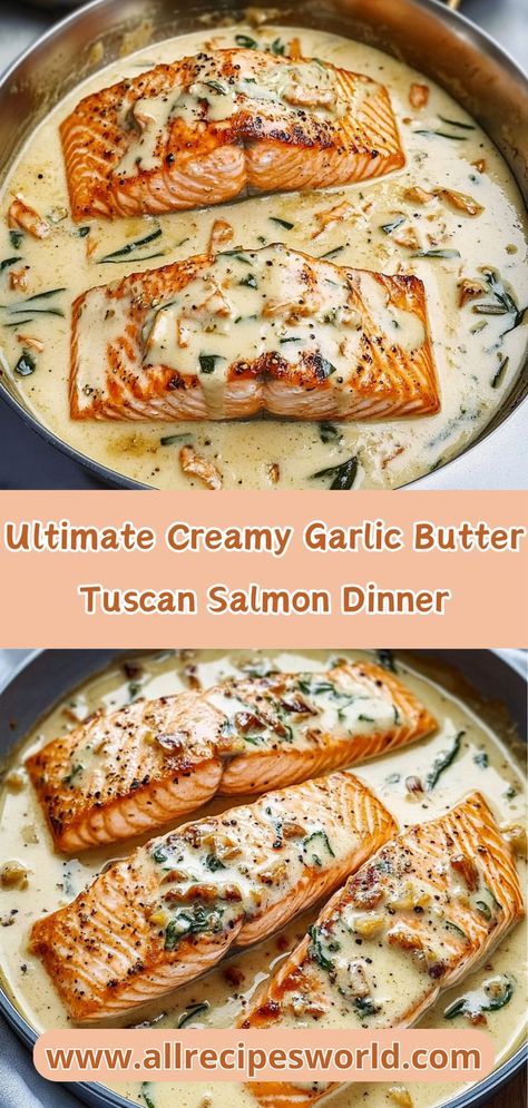 Treat yourself to the Ultimate Creamy Garlic Butter Tuscan Salmon Dinner! This exquisite dish boasts tender salmon fillets complemented by a velvety garlic butter sauce, enriched with heavy cream and vibrant spinach. Ideal for both casual meals and festive occasions, it’s easy to prepare and full of flavor. Enjoy this dish with a side of roasted potatoes or a fresh salad for a well-rounded meal that will leave everyone asking for the recipe! Tuscan Salmon Recipe, Tuscan Salmon, Herb Salmon, Salmon Spinach, Frozen Salmon, Salmon Seasoning, Salmon Dinner, Salmon Dishes, Garlic Butter Sauce