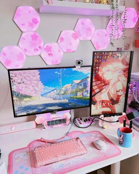 Pink Streaming Setup, Cherry Blossom Pc Setup, Cutecore Gaming Setup, Sakura Gaming Setup, Gamer Girl Setup Pink, Gaming Desk Setup, Desktop Setup, Office Room Decor, Pc Setup