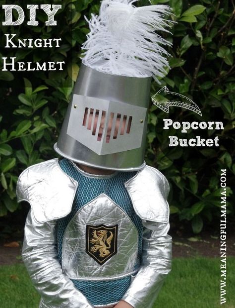 diy knight helmet popcorn bucket Diy Knight Helmet, Diy Knight Costume, Knight Costumes, Helmet Diy, Diy Costumes Kids Boys, Knight Helmet, Knight Party, Medieval Party, Baby Kostüm