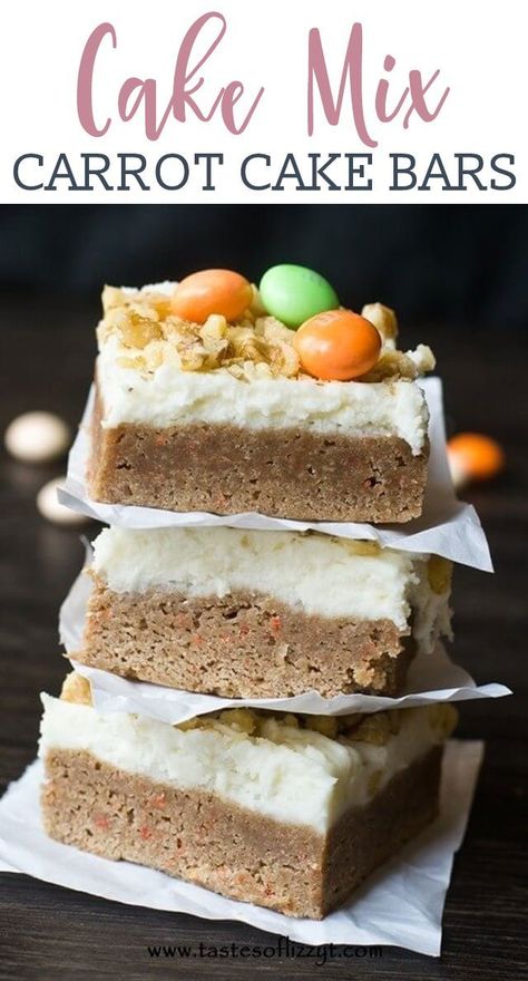 These 4 ingredient Carrot Cake Bars are made from a cake mix! They're good enough without frosting, but for a special treat top them with cream cheese frosting. Carrot Cake Cookie Bars, Carrot Cake Dessert, Cake Mix Bars, Cake Bars Recipe, Cake Mix Cookie Bars, Carrot Cake Bars, Cake Mix Desserts, Carrot Cake Cheesecake, Easy Carrot Cake