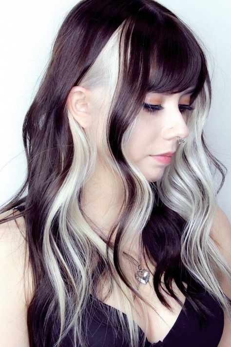 White Hair Highlights, Hair Necessities, Two Color Hair, Peekaboo Hair Colors, Color For Black Hair, White Hair Color, Hair Color Underneath, Peekaboo Hair, Hair Color Streaks