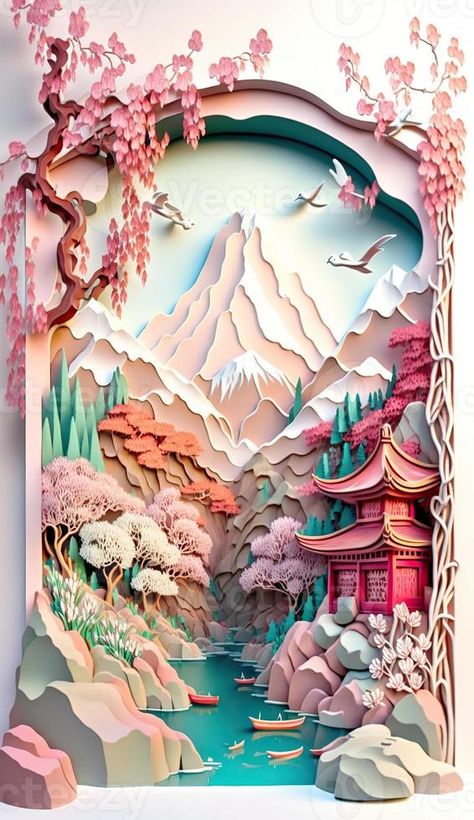 Generative AI illustration of Chinese nature and landscape on solid background, auspicious clouds, ravine stream, mountain range, many houses and ancient buildings, multi dimensional paper quilling Stream Illustration, Chinese Nature, Mulan Birthday, Iphone Images, Diy Quilling Crafts, Chinese Illustration, Paper Art Sculpture, Glitter Wall Art, Paper Cutout Art