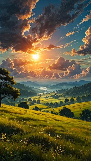 Landscape Fantasy Nature, Natural Mountain Landscaping Ideas, Pretty Wallpapers Backgrounds Nature, Landscape From Above, Golden Hour Painting, Natural Scenery Painting, Painting Hills, Fantasy Artwork Landscape, Fantasy Scenery