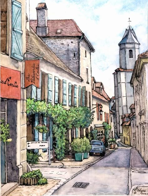 Watercolor Building Paintings, Loose Urban Sketching, Urban Sketching Watercolors, Urban Sketching Reference Photos, Watercolor Urban Sketch, France Sketch, Street Watercolor, Watercolor Buildings, Drawing Street