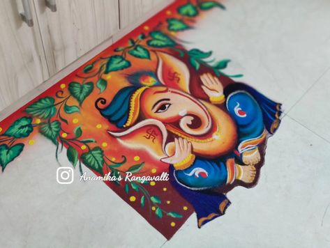 Housewarming Deco Part 1 Ganesha Rangoli #ganesharangoli #ganpatifestival #chaturthi 🌺🌺#HousewarmingRangoli #ShreeGaneshaBlessings #PeacockRangoli #LotusDecor #HomeDecorInspiration #TraditionalElegance #RangoliDesigns #SerenityAndProsperity #HomeSweetHome #NewBeginnings #VibrantDecor #CulturalArtistry Ganpati Bappa Rangoli Designs, Ganpati Bappa Rangoli, Rangoli Painting, Ganpati Rangoli, Ganesha Rangoli, Rangoli Designs For Competition, Poster Rangoli, Ganpati Bappa Morya, Rangoli Designs Photos