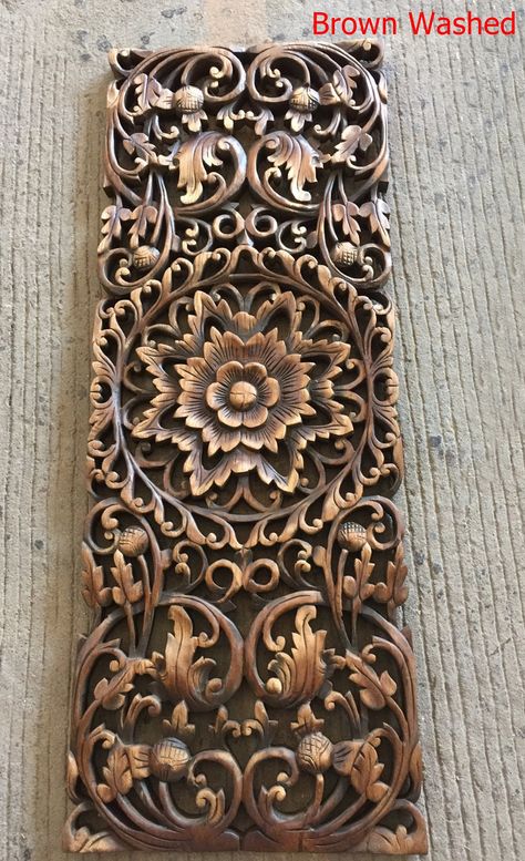 Teak Wall Art, Carved Wood Panel, Wooden Wall Art Panels, Wood Panel Wall, Carving Furniture, Boho Headboard, Lotus Flower Mandala, Wood Carving Furniture, Carved Wood Wall Art