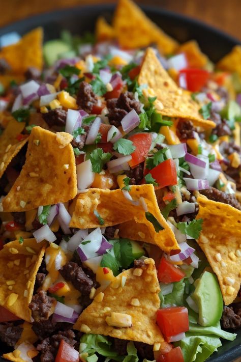 Doritos Taco Salad Doritos Taco Salad, Nacho Cheese Doritos, Nacho Salad, Taco Salad Ingredients, Taco Salad Doritos, Doritos Taco, Shredded Cheddar Cheese, Nacho Cheese, Shredded Lettuce