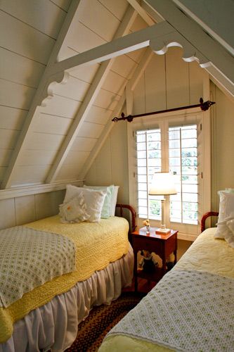 I would love to cozy up in any of these pictures, but the attic room is the one that caught my eye. by Garden, Home & Party Yellow Cottage, Attic Design, Attic Bedrooms, Attic Renovation, Attic Spaces, Attic Remodel, Attic Bedroom, Attic Rooms, Bed Linens