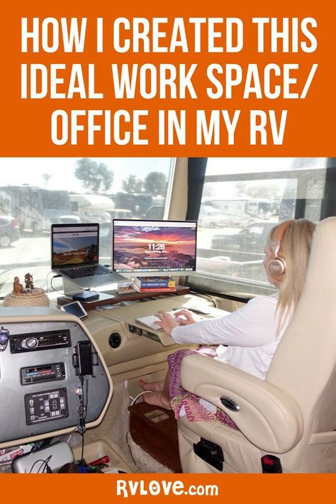 We live, work and travel in our RV full-time so having 2 separate, dedicated, ergonomic RV offices / work spaces was essential for us both to be productive. Learn about Julie's passenger seat office in our RV, and the gear we use to make it work. Rv Work Stations, Rv Office Space Ideas, Rv Desk, Rv Office, Vanlife Inspiration, Rv Gear, Rv Tips, Rv Makeover, Diy Rv