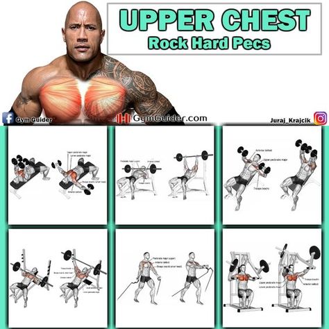 Upper chest workout chart - The upper chest is the most stubborn chest area to grow, meaning that it needs plenty of extra stimulation, compared to the mid and lower pecs which get more action due to their involvement in many upper body exercises. Therefore, achieving a balanced, full look of the upper body, requires focusing a big part of your chest. Workouts Chest, The Rock Workout, Chest Training, Chest Workout Women, Chest Workout For Men, Latihan Dada, Best Chest Workout, Gym Antrenmanları, Weight Training Workouts