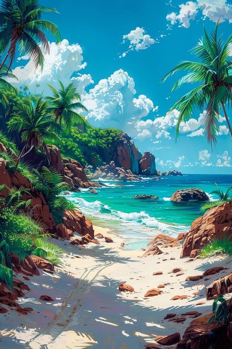 Anime Island, Watercolor Paintings Nature, Dreamy Artwork, Beach Artwork, Realism Painting, Nature Artwork, Cool Wallpapers Art, Sky Art, 판타지 아트