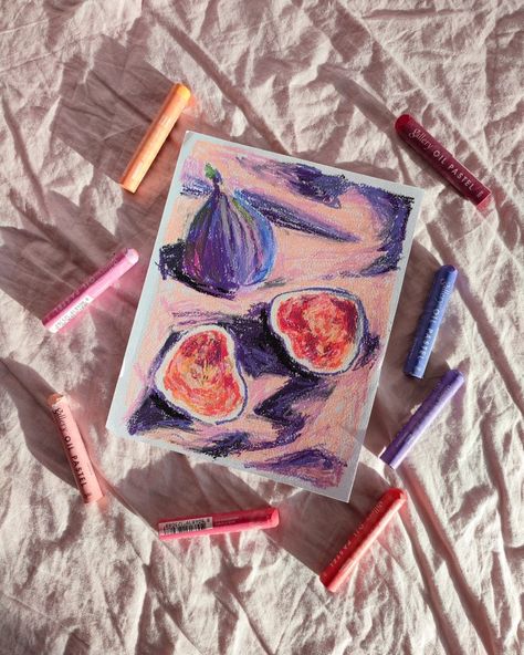 Still Life Chalk Pastel, Oil Pastel Mini Art, Things To Draw With Pastels, Wax Pastel Art, Oil Pastel Inspiration, Fruit Oil Pastel, Pastel Painting Aesthetic, Oil Pastel Drawings Aesthetic, Figs Painting