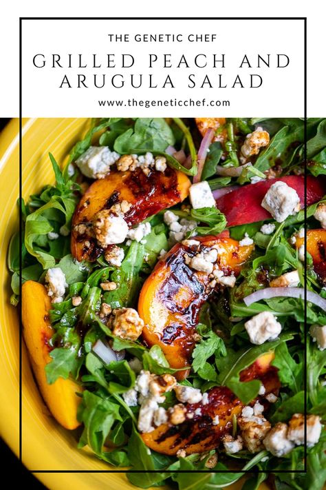 Peach Arugula And Blue Cheese Salad, Peach Steak Salad, Arugula Salad With Peaches, Arugula Peach Goat Cheese Salad, Peach And Blue Cheese Salad, Recipes With Peach Balsamic Vinegar, Arugula Nectarine Salad, Grilled Cheese Salad, Peach Blue Cheese Salad