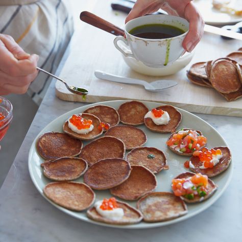 Quick Buckwheat Blini | Food & Wine Buckwheat Blini Recipe, Blini Recipe, Russian Foods, Pork Spring Rolls, Buckwheat Recipes, Canned Foods, Winter Meals, Make Ahead Appetizers, Peach Puree