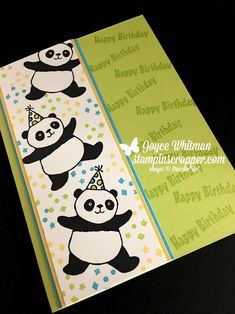 Look how stinkin cute these pandas are! I love them! This is my favorite stamp set in the Stampin' Up! 2018 Sale-A-Bration catalog. You can make so many different handmade cards with it. Panda Card, Panda Party, Pizza Boxes, Up Party, Scrapbooking Cards, Paper Creations, Mini Pizza, Kids Birthday Cards, Birthday Cards Diy