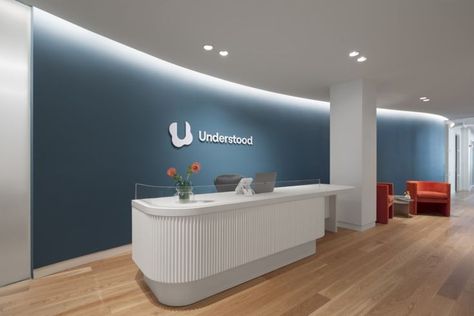 Understood New York City Office Reception Design Entrance, Office Reception Design, Healthcare Interior Design, Office Reception Area, Reception Waiting, Dental Office Design Interiors, Office Themes, Warehouse Design, Corporate Office Design