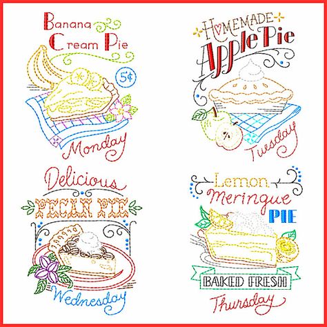 Just as you remember them (by Colonial Patterns/Aunt Martha's) only instead of hot iron transfers and hours of hand embroidery, your machine will do all the work for you. Includes 7 different #MachineColorWork designs, each with a different flavor of pie, with days of the week for dish towels and more. YUM YUM! Aunt Martha's Embroidery Ideas, Pie Embroidery Pattern, Apple Pie Embroidery, Pie Embroidery, Dish Towel Embroidery, Embroidery Towels, Tea Towels Embroidery, Kitchen Embroidery, Free Machine Embroidery Designs Patterns