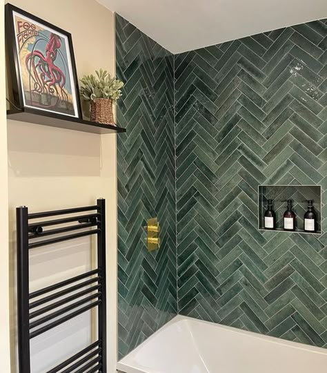 Green Herringbone Tile Bathroom, Subway Tile Ideas, Tiles Herringbone, Herringbone Tile Bathroom, Master Shower Tile, Herringbone Subway Tile, Dark Green Bathrooms, Green Tile Bathroom, Bathroom Inspiration Modern