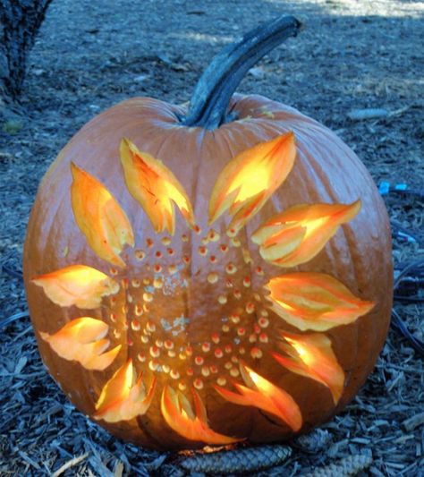 Sunflower Pumpkin...these are the BEST Decorated & Carved Pumpkin Ideas for Halloween! Cool Pumpkin Designs, Unique Pumpkin Carving Ideas, Pumkin Decoration, Creative Pumpkin Decorating, Cute Pumpkin Carving, Pumkin Carving, Pumpkin Carving Party, Creative Pumpkin Carving, Pumpkin Carving Designs