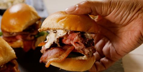 How To Make Bourbon, Bacon, And Blue Cheese Steak Sliders Blue Cheese Sliders, Cheese Steak Sliders, Blue Cheese Steak, Steak And Whiskey, Steak Sliders, Steak With Blue Cheese, Bourbon Bacon, Buffalo Chicken Sliders, Slider Sandwiches