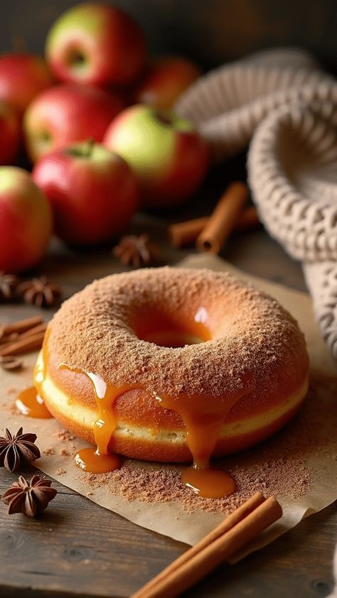 Spiced Apple Cider Donuts with Caramel Glaze Creamy Pudding, Caramel Glaze, Spiced Apple Cider, Apple Cider Donuts, Decadent Cakes, Bonfire Night, Classic Cookies, Fall Treats, Desserts Recipes