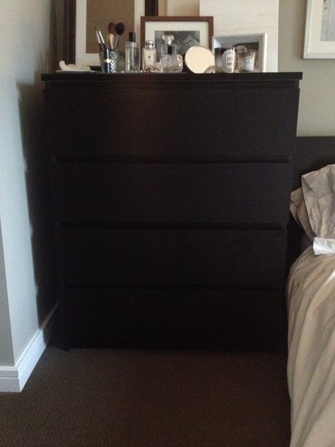 Ikea Malm 4-drawer Chest/Dresser in black-brown. Some minor scrapes and scratches. One drawer front edge is dented (but re-painted black so it isn't noticeable). $50 Ikea Black Dresser, Man Bedroom, Black Chest Of Drawers, Malm Dresser, Ikea Dresser, Flat Decor, Black Dressers, Ikea Bedroom, 4 Drawer Dresser