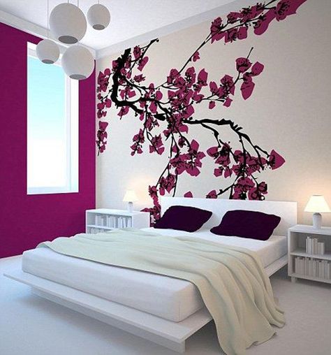 modern Japanese bedroom with cherry blossom wall decor - 45+ Beautiful Wall Decals Ideas Modern Japanese Bedroom, Cherry Blossom Bedroom, Japanese Bedroom, Dekorasi Kamar Tidur, Beautiful Bedrooms, Dream Bedroom, Design Case, Beautiful Wall, Decoration Design