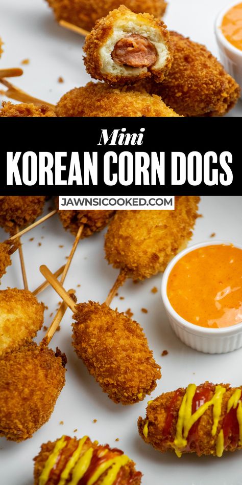 Corn Dogs Recipe, Hot Dog Appetizers, Corn Dog Recipe, Cocktail Weenies, Korean Corn, Corndog Recipe, Corn Dog, Hot Dog Recipes, Corn Dogs