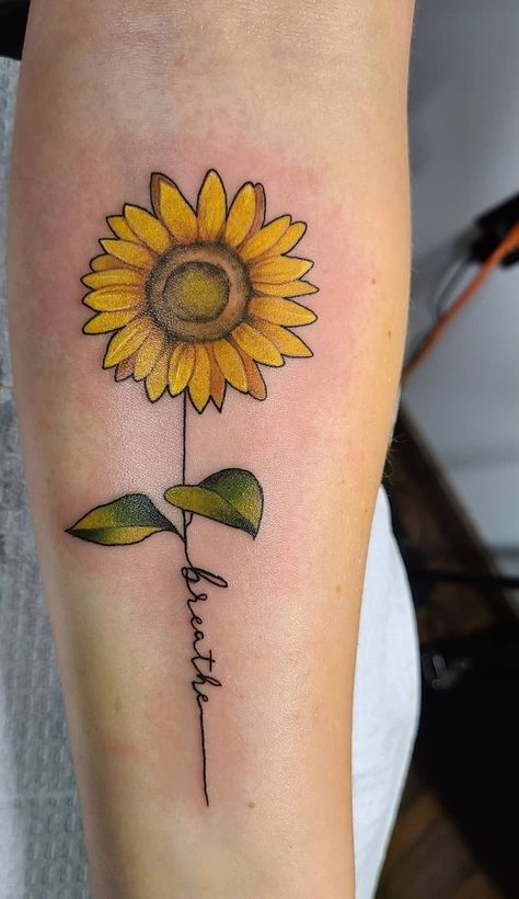 Just Breathe Sunflower Tattoo, Sunflower Tattoo On Back, Sunflower Tattoo With Name, Realistic Sunflower Tattoo, Beautiful Back Tattoos For Women, Savannah Tattoo, Thumb Tattoo, Breathe Tattoos, Sunflower Mandala Tattoo