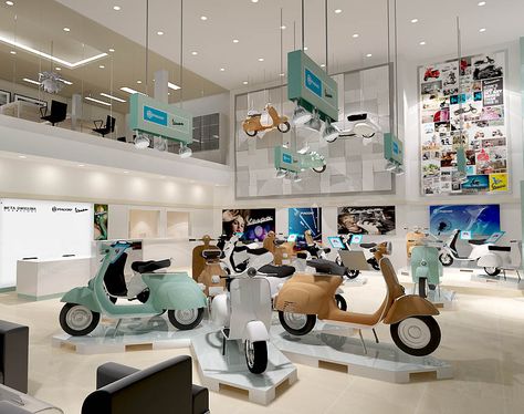 Vespa Showroom, Motorcycle Showroom Interior, Motorcycle Showroom Design, Bike Showroom, Scooter Store, New Vespa, Restaurant Exterior Design, Restaurant Design Inspiration, Corporate Event Design