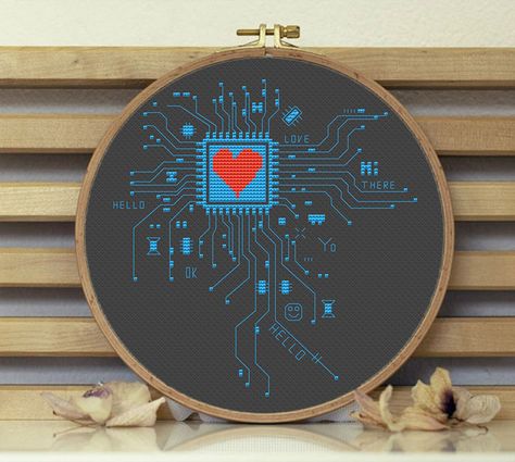 Cross Stitching Patterns, Funny Embroidery, Steampunk Heart, Integrated Circuit, Cross Stitch Heart, Computer Embroidery, Pattern Wall, Hand Embroidery Art, Modern Cross Stitch Patterns