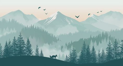 Vector Flat Illustration: Forest, Mountains, and Fox Atmospheric Perspective, Illustration Forest, Asian Artist, Painting 101, Inspirational Digital Art, Mountain Background, Darkest Dungeon, Serene Landscape, Desktop Wallpaper Art