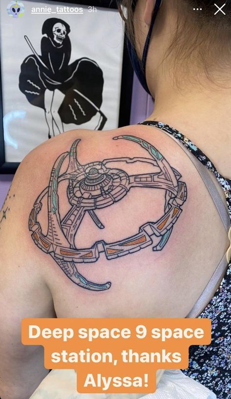 Star Trek Enterprise Tattoo, Deep Space Nine Tattoo, Star Trek Discovery Ship, Nine Tattoo, Arm Sleeve Ideas, Star Trek Tattoo, 16 Tattoo, Star Trek Ds9, Deep Space 9