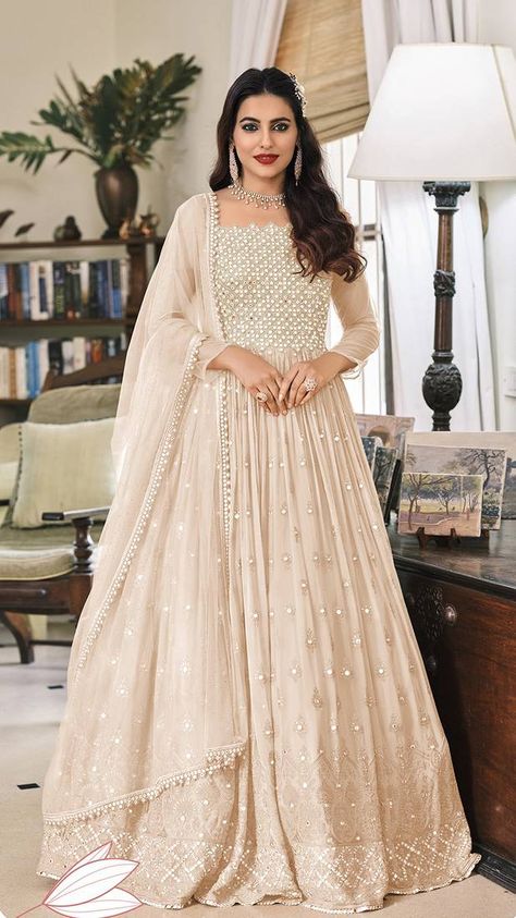 Every time you dress up in this trendy salwar kameez in cream colour georgette, heads will turn. (1 Top / 1 Bottom / 1 Dupatta) Beige Anarkali, Georgette Anarkali Suits, Georgette Anarkali, Designer Anarkali Suits, Cream Color Dress, Salwar Dress, Traditional Indian Jewellery, Designer Anarkali, Anarkali Gown