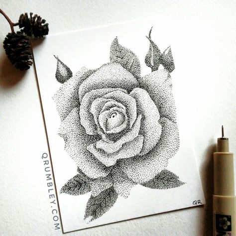 The Rose - Pen and Ink ACEO Pointillism Art drawing. Rose Pointillism, Pointilism Art, Pen Sketching, Micron Pen Art, Stippling Drawing, Tulip Drawing, Dotted Drawings, Stippling Art, Pen Art Drawings