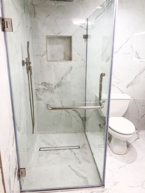 Tile pattern for shower base using large porcelain format - Home Improvement Stack Exchange Walk In Shower Large Tile, Large Shower Floor Tile, Large Porcelain Shower Tiles, Large Format Tile Shower Wall, Large Shower Tile, Blue Shower Tile, Large Tiles, Subway Tile Patterns, Gray Tile